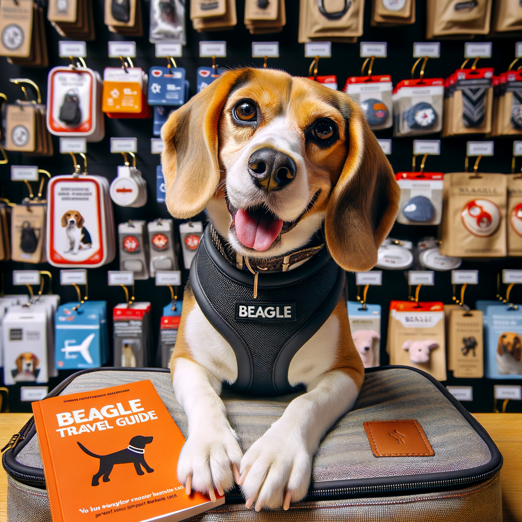 Cheerful Beagle with travel accessories and safety harness in a Beagle-friendly travel destination, illustrating Beagle travel tips and essentials for care during travel, with a 'Beagle Travel Guide' book for traveling with dogs and Beagle puppies.
