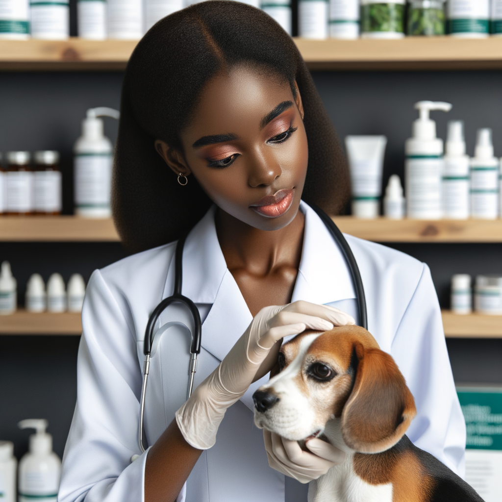 Veterinarian treating common Beagle skin problems, examining for allergies, rashes, and infections, with Beagle skin care products in the background.