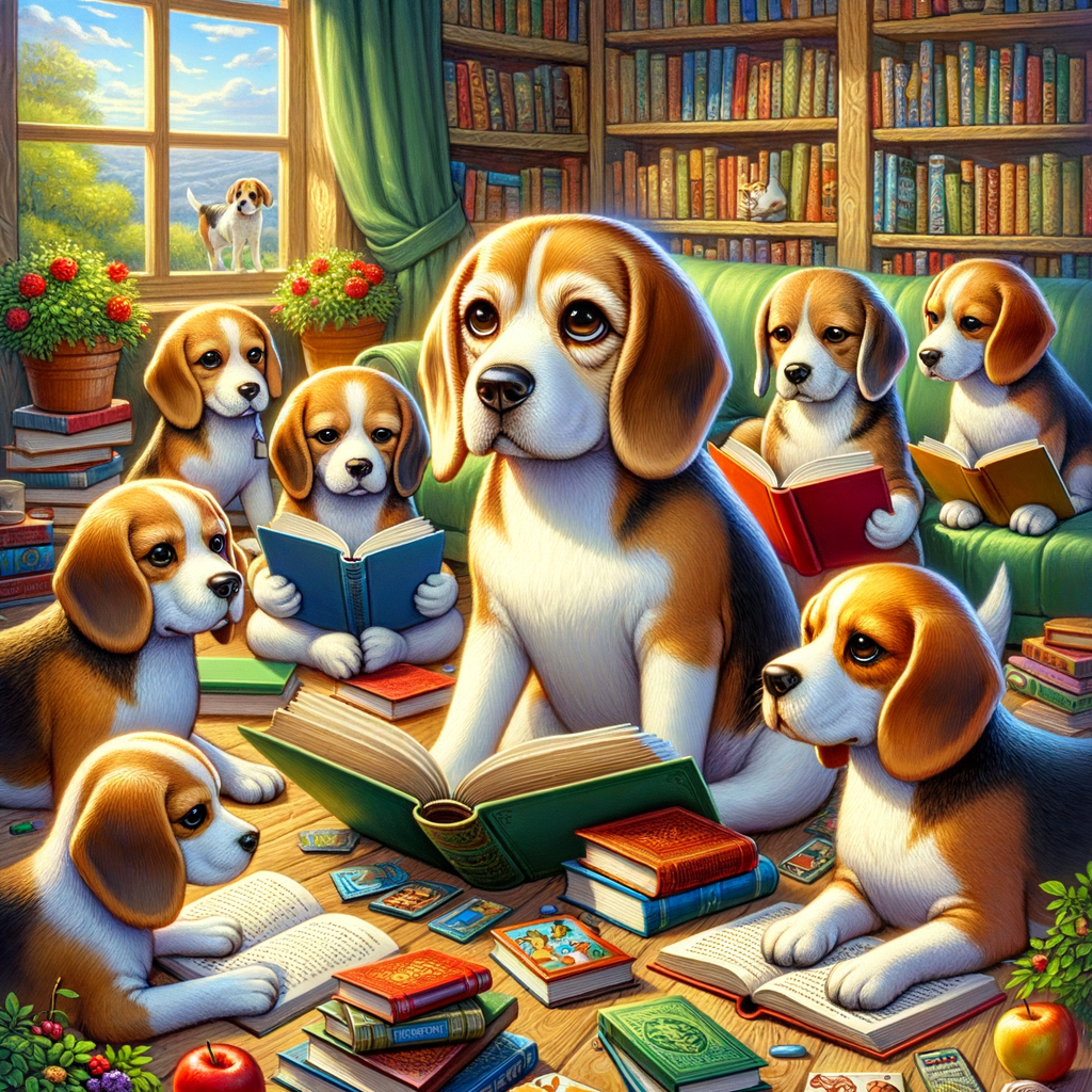 Animated Beagles at a Beagle Book Club meeting, engrossed in dog-friendly books and canine literature, showcasing the joy of reading recommendations for dog lovers and books for dog owners in a pet-friendly book club environment.