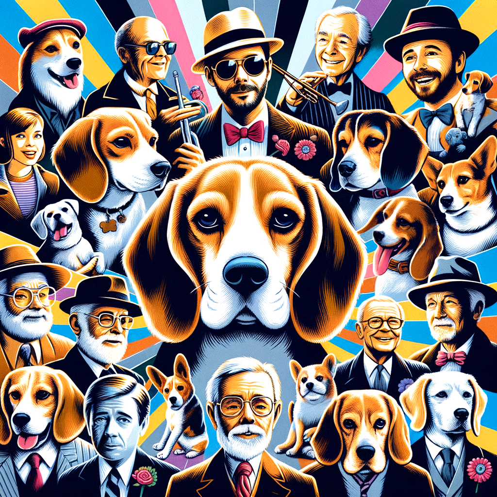Celebratory collage of famous Beagles in history and media, including notable Beagles in film, television, and popular Beagle characters from cartoons.