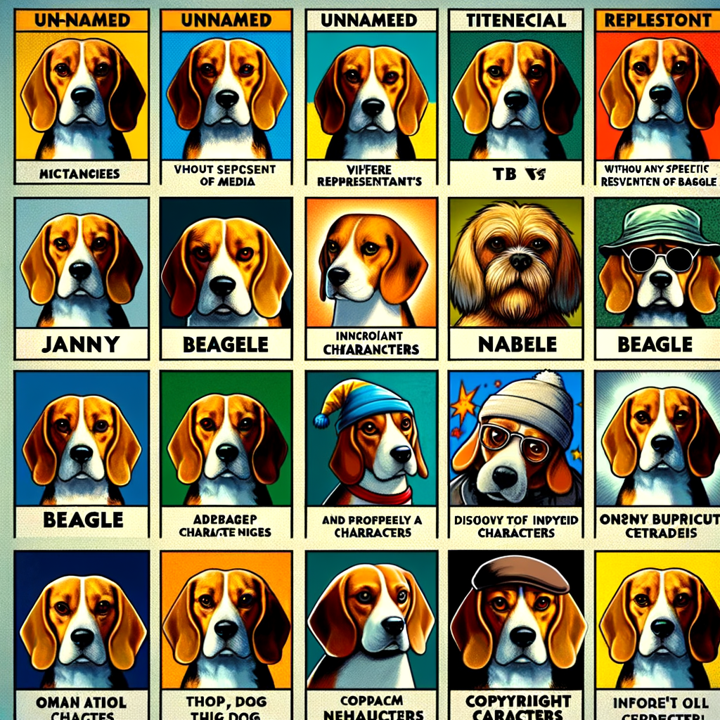 Collage of iconic Beagles in media, showcasing famous Beagle characters from movies, TV shows, and comic strips, highlighting the Beagle's influence as beloved pop culture dogs.