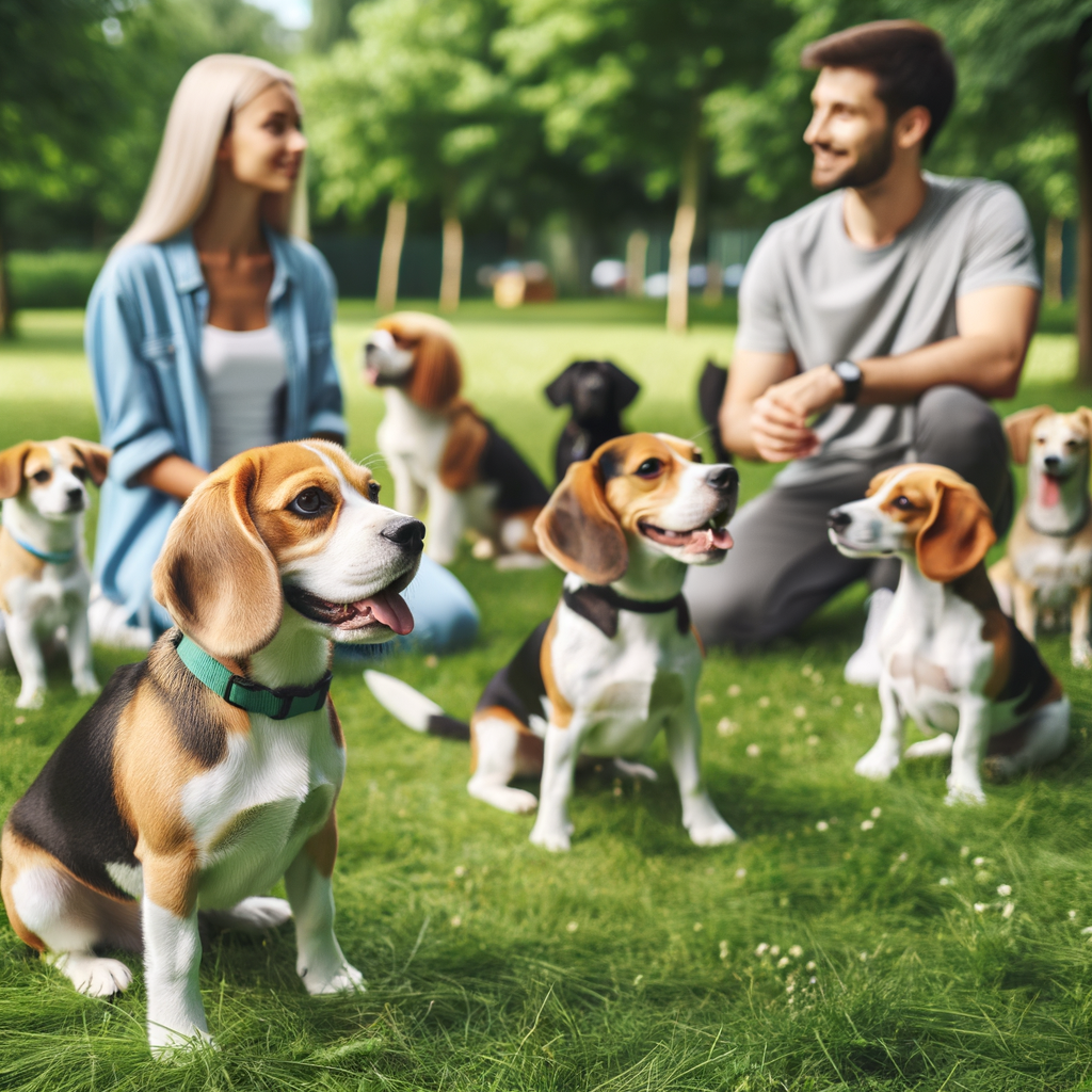 Dog trainer demonstrating Beagle socialization tips in a park, showcasing successful Beagle training and friendly behavior with other dogs.