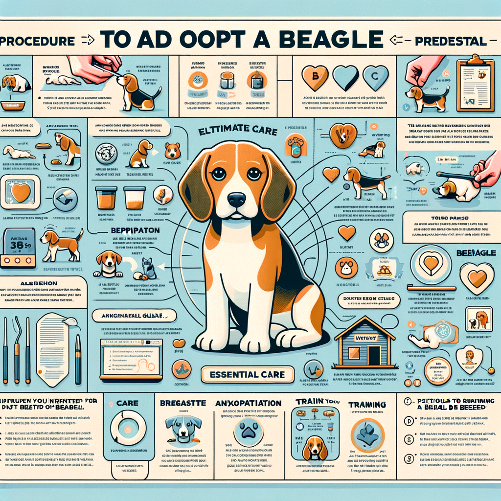 Infographic detailing the process of adopting a Beagle, featuring Beagle adoption tips, ultimate Beagle care guide, and tricks for training Beagles, perfect for preparing for Beagle adoption.