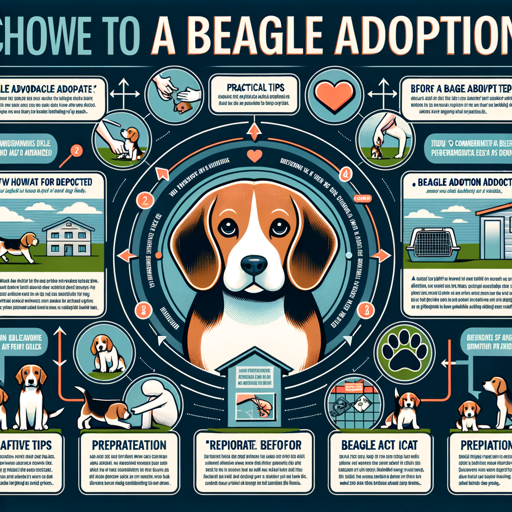 Infographic illustrating the ultimate Beagle adoption guide, including tips for adopting a Beagle, Beagle care tips, training tricks, Beagle breed information, and benefits of adopting a Beagle.