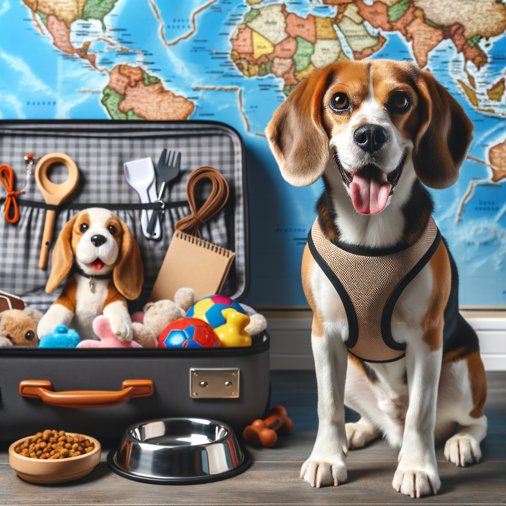 Beagle in travel harness ready for adventure, with Beagle travel essentials packed in suitcase and map of Beagle-friendly destinations, illustrating a comprehensive Beagle travel guide for planning pet travel.