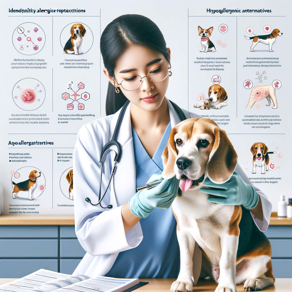 Veterinarian examining Beagle for common allergens, highlighting Beagle allergy symptoms and treatments, with a guide on identifying dog allergies and managing Beagle allergies, including hypoallergenic alternatives for allergies in Beagles.