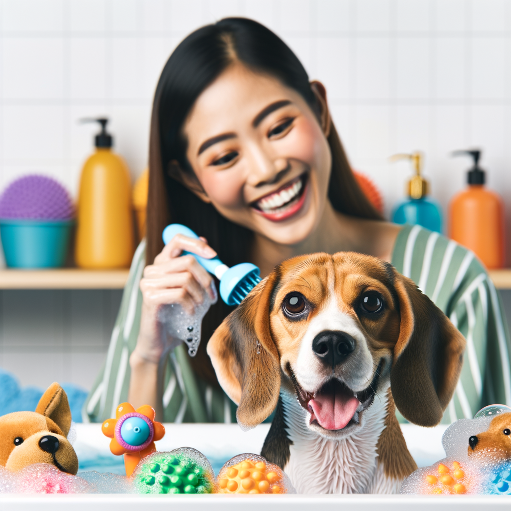 Playful Beagle enjoying fun bath time with dog-safe bubbles and toys, demonstrating Beagle grooming tips and games for making bath time fun for dogs, showcasing Beagle care and playtime.