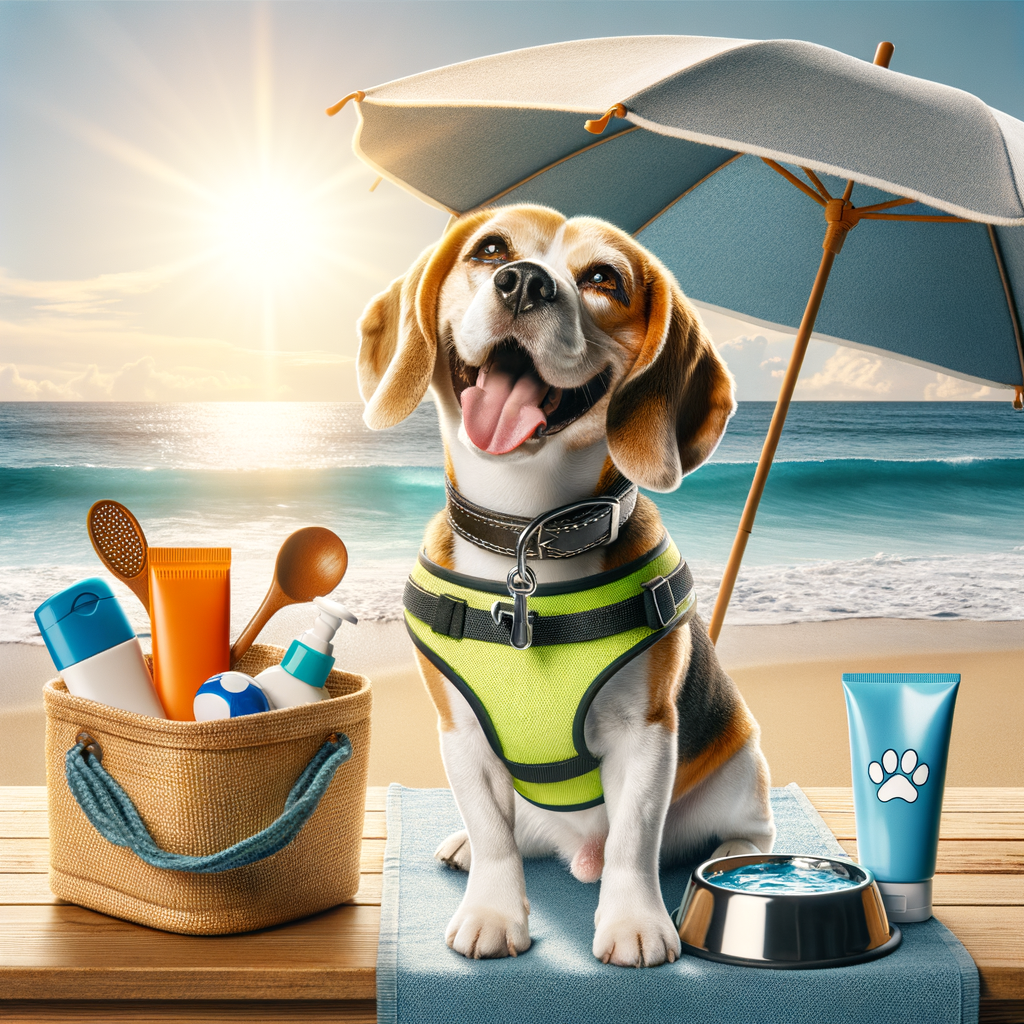 Happy Beagle enjoying a safe beach day out, equipped with safety vest and leash, with visual cues for Beagle safety tips like shaded area, fresh water, and dog-friendly sunscreen for an enjoyable Beagle beach outing.