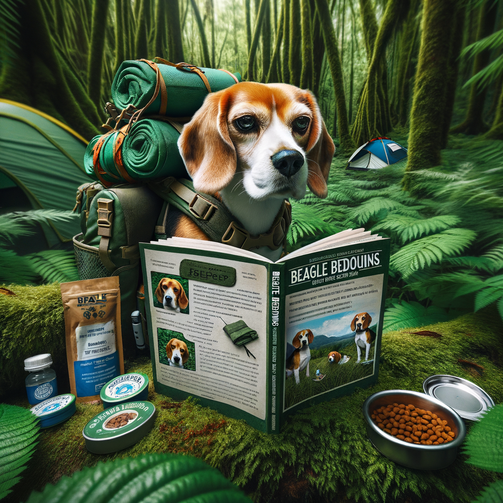 Beagle exploring a forest with camping gear, showcasing Beagle-friendly camping essentials from the Beagle Bedouins adventure guide for an exciting outdoor activity.