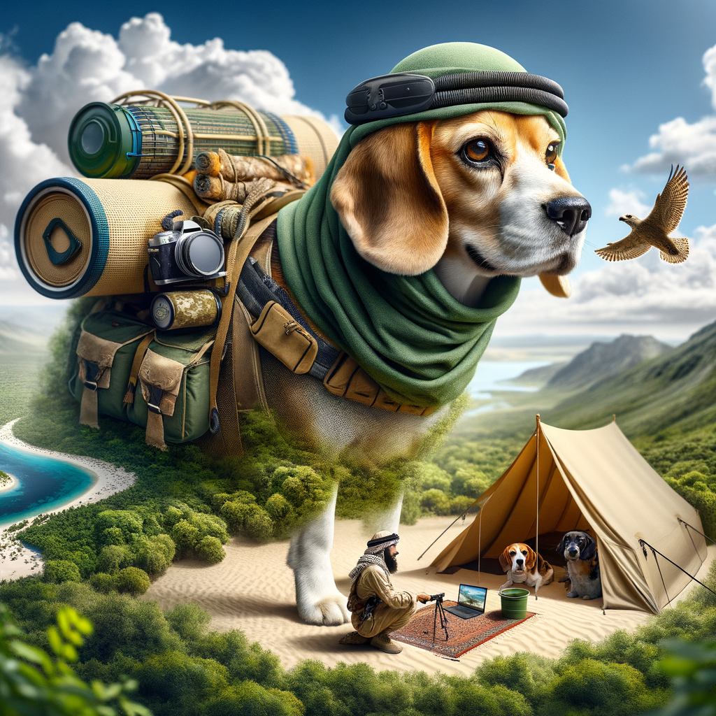 Beagle Bedouin exploring a Beagle-friendly camping spot with specialized camping gear, showcasing the ultimate Beagle camping guide and outdoor safety measures for adventurous activities with Beagles.