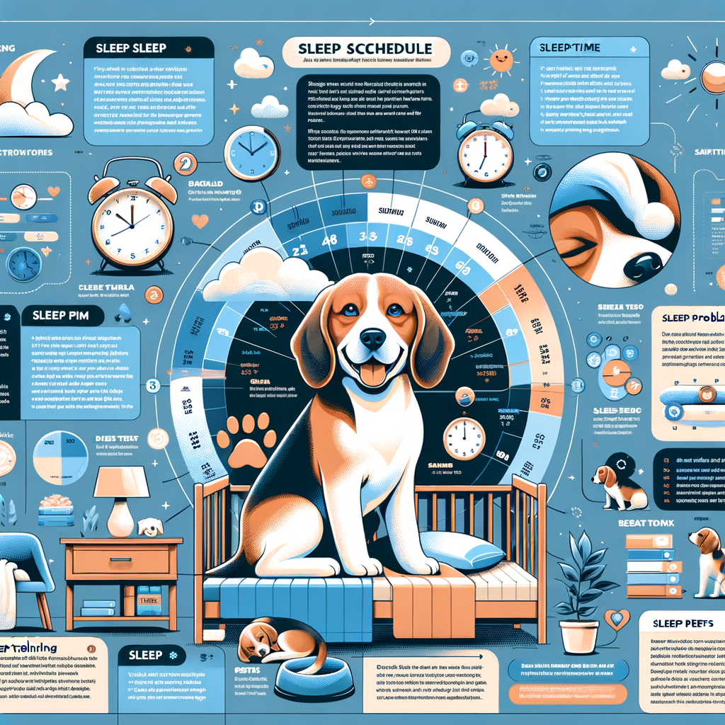 Infographic illustrating Beagle sleep schedule, habits, and perfect bedtime routine, along with solutions for Beagle sleep problems and tips for Beagle sleep training - a comprehensive sleep guide for Beagle owners.
