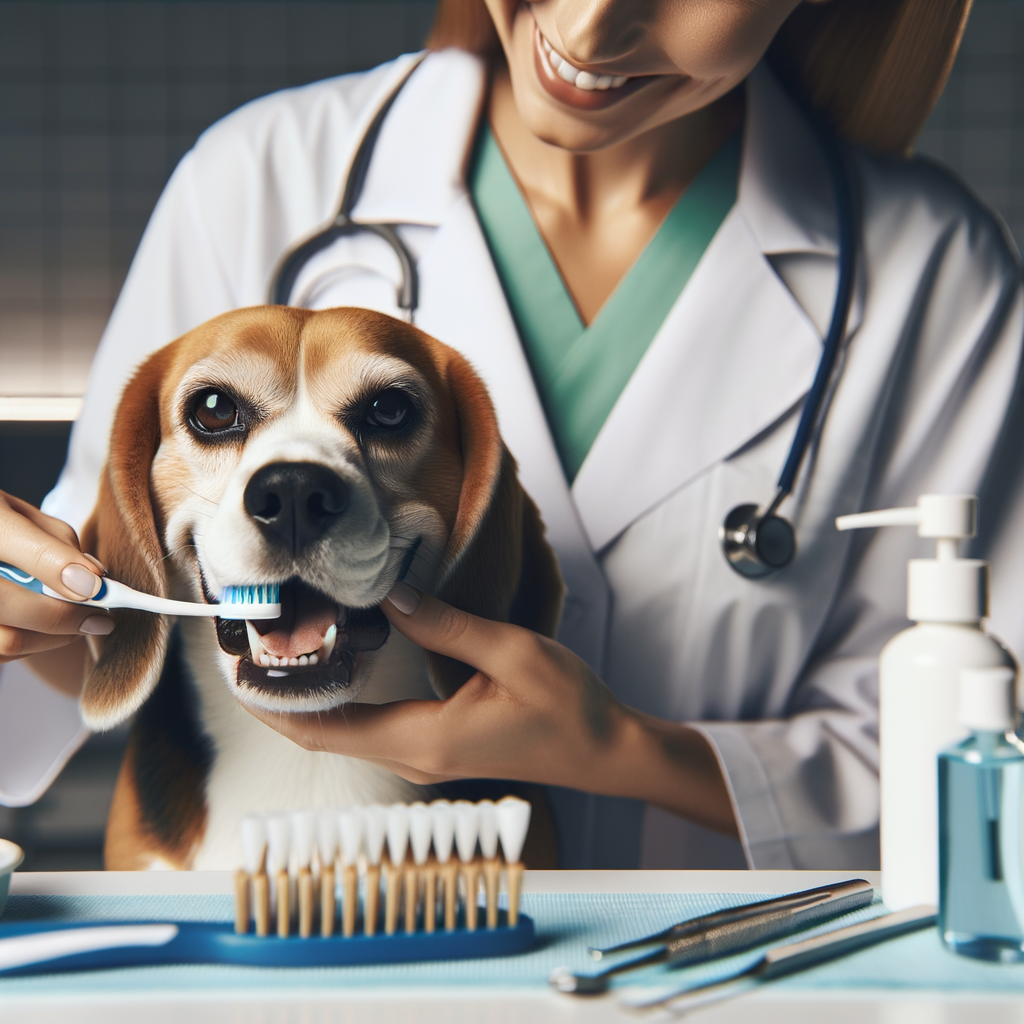 Veterinarian demonstrating beagle dental care, brushing beagle's teeth with dental tools, emphasizing the importance of maintaining beagle oral hygiene for healthy teeth.