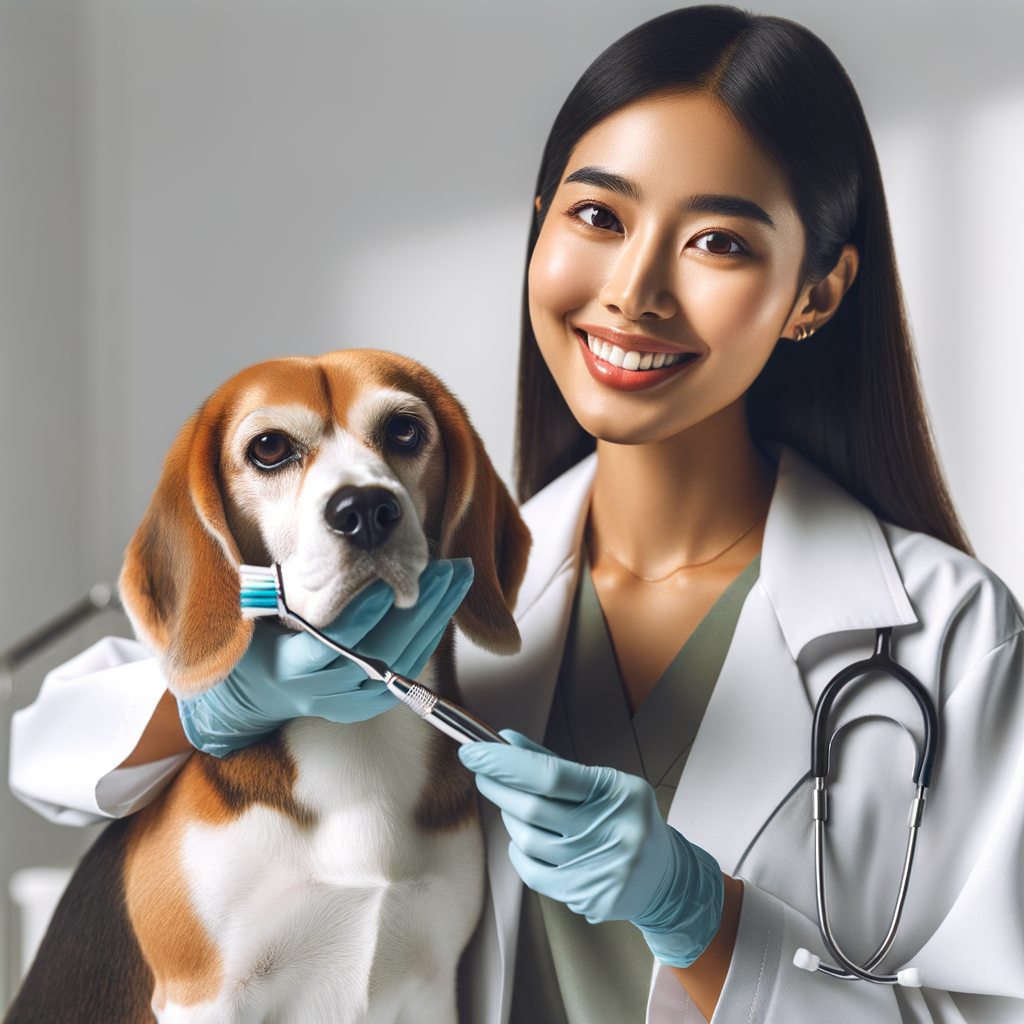 Veterinarian demonstrating Beagle dental care with a Beagle-specific toothbrush, highlighting the importance of toothbrushing for Beagles' oral health and dental hygiene.