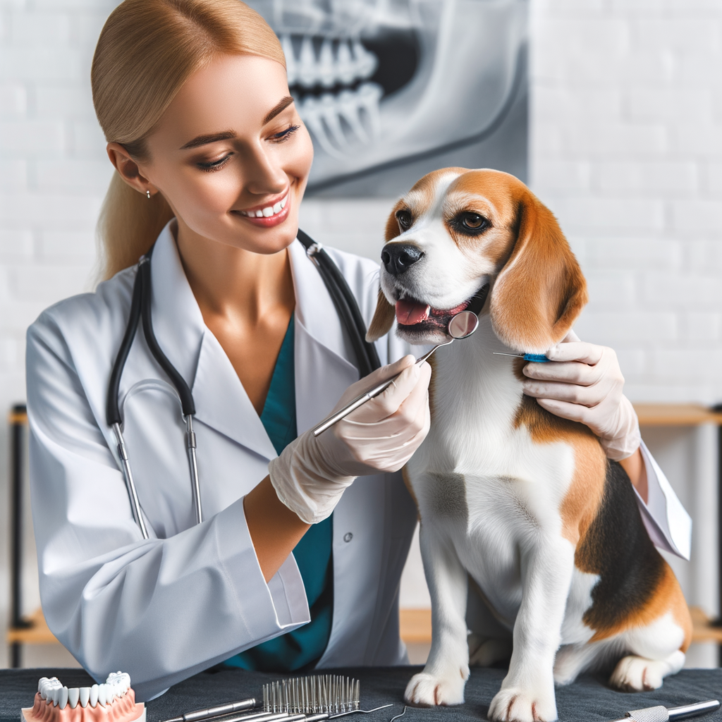 Veterinarian demonstrating Beagle dental care techniques, including teeth cleaning and maintenance, with a Beagle bite guide and training tools for optimal Beagle oral hygiene and sparkling teeth.