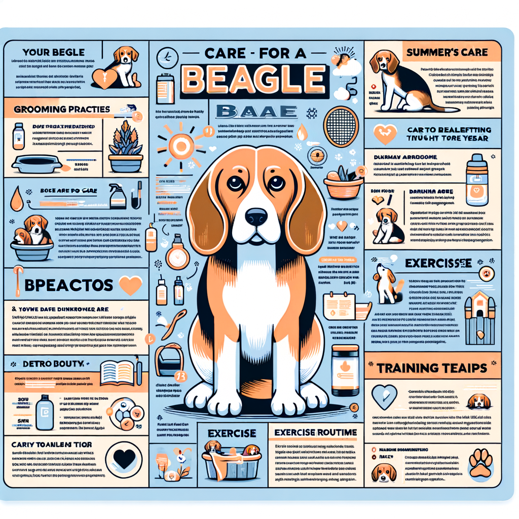 Infographic showing Beagle care tips for different seasons, highlighting Beagle grooming, diet, exercise routine, training tips, winter and summer care, and essential puppy care tips.