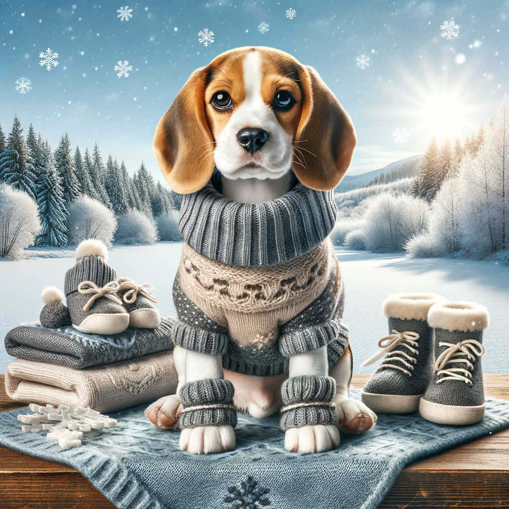 Happy Beagle wearing winter dog accessories for Beagle winter care, demonstrating tips for keeping Beagles warm and safe in cold weather, highlighting the importance of winter dog care and Beagle winter health.