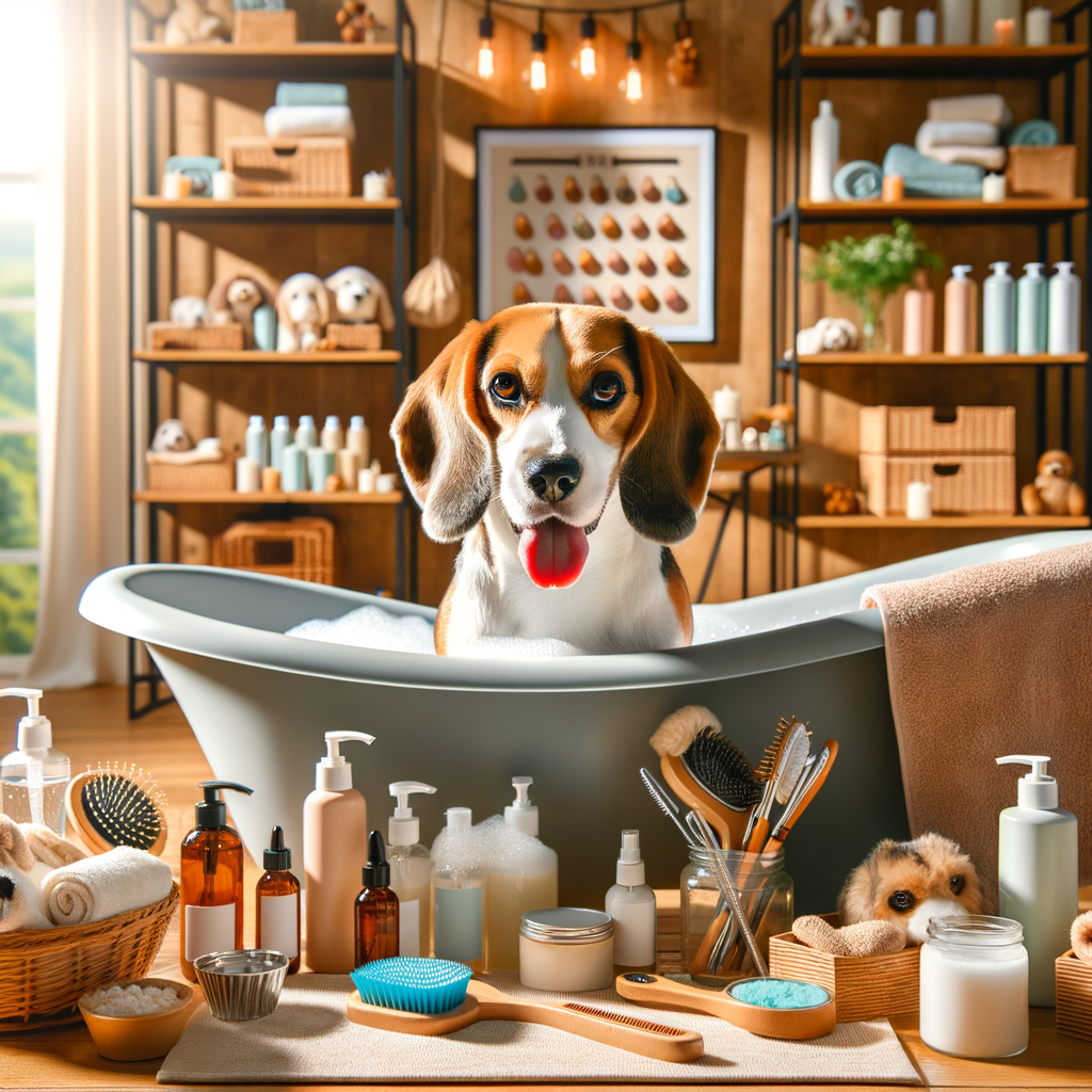 Beagle enjoying a DIY dog spa day at home, showcasing essential Beagle care items like a dog-friendly bathtub, grooming tools, and natural spa products for pampering your Beagle.