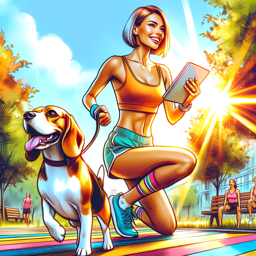 Beagle owner engaging in a fun, Beagle-friendly workout in a sunny park, following a Beagle exercise guide for an energetic and positive fitness routine with their Beagle.
