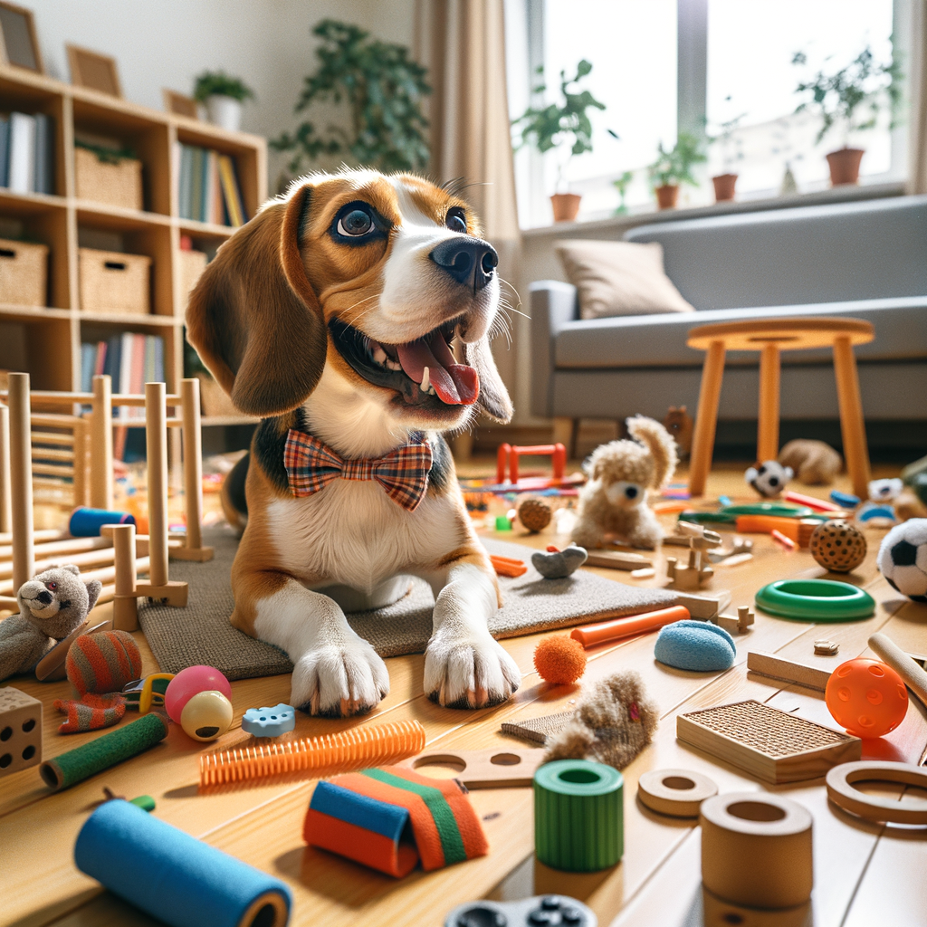 Excited Beagle engaging in fun DIY dog games and homemade activities for effective at-home Beagle training, showcasing joyous Beagle exercise games and DIY Beagle activities.