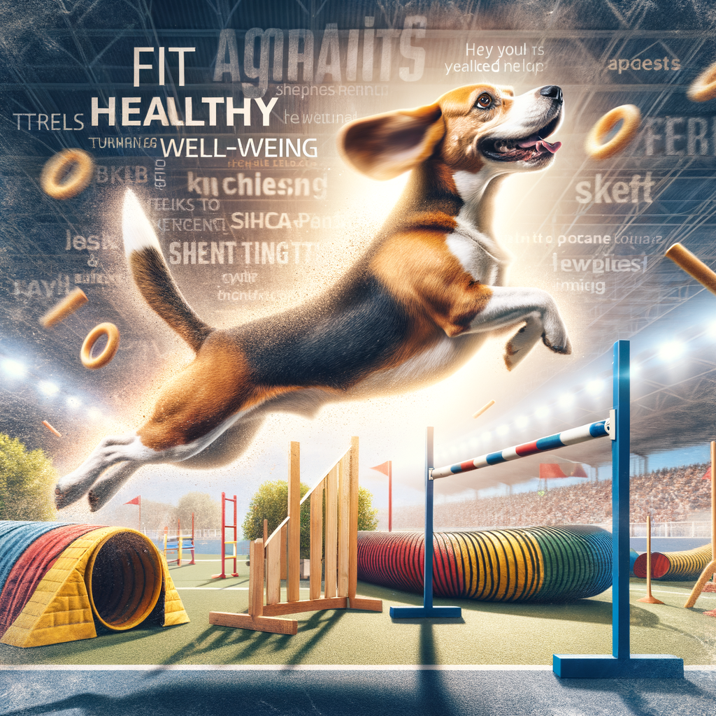 Fit Beagle demonstrating agility training mid-jump on a course, highlighting fun exercises and fitness tips for Beagles.