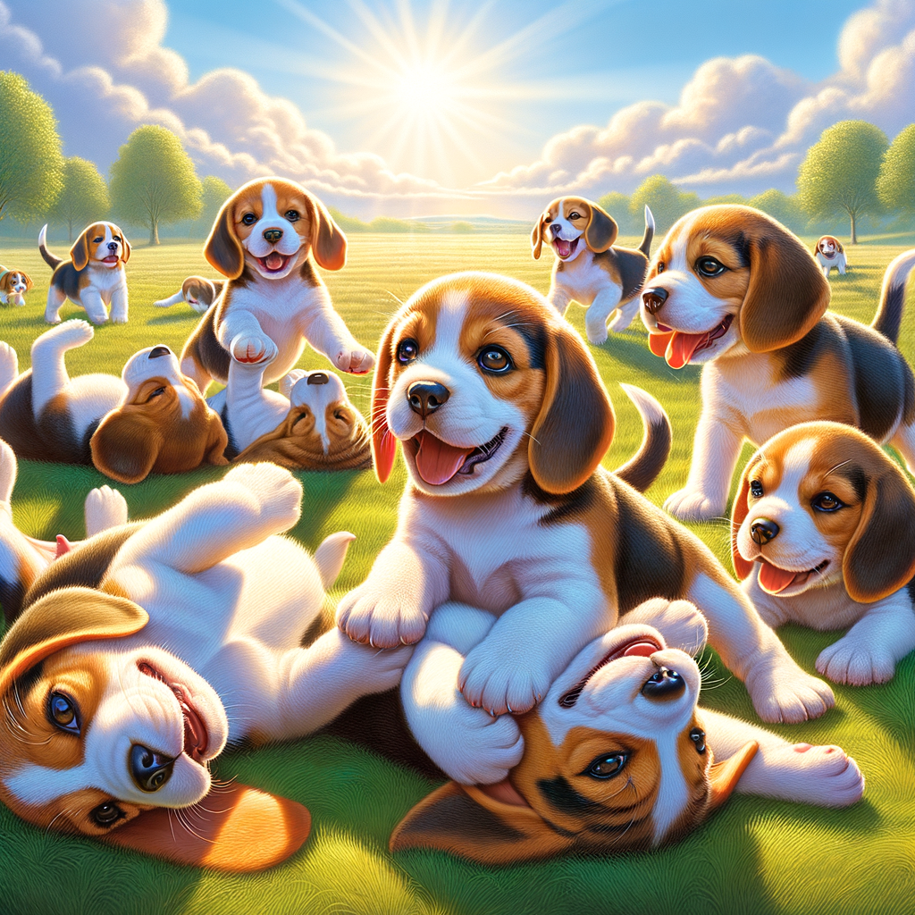 Happy Beagle puppies demonstrating positive Beagle behavior during socialization playtime, showcasing Beagle training tips for Beagle puppy happiness and Beagle friendship.