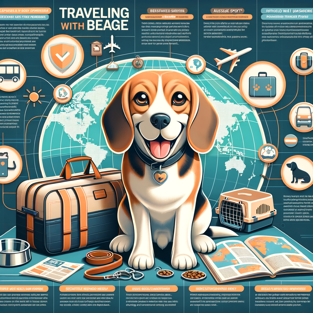 Infographic of a happy Beagle with travel essentials, world map of Beagle-friendly destinations, and Beagle travel tips for the ultimate Beagle Buddies travel guide.