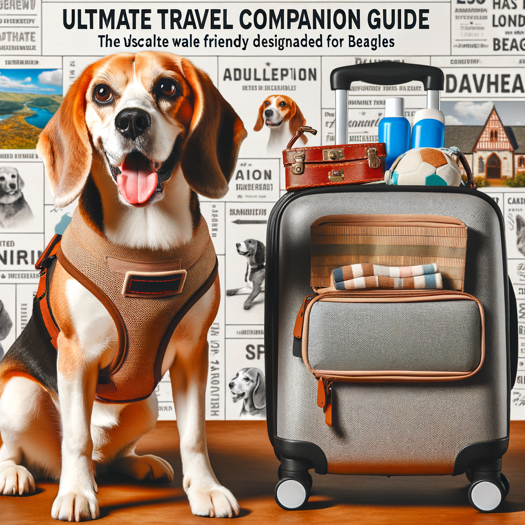 Cheerful Beagle in travel harness ready for a trip, symbolizing a Beagle travel guide with pet-friendly essentials, highlighting the joy of traveling with dogs to Beagle-friendly destinations.