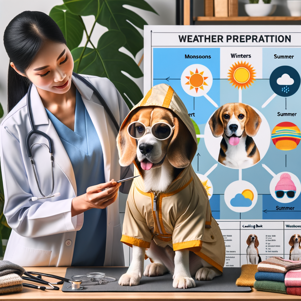 Veterinarian demonstrating Beagle seasonal safety and weather preparation for Beagles, including Beagle weather tips, weatherproofing tools, and a Beagle weather preparation guide.