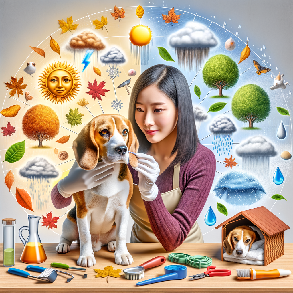 Professional Beagle owner demonstrating Beagle safety tips and seasonal care for Beagles, preparing them for weather changes and showcasing Beagle weather preparation techniques.
