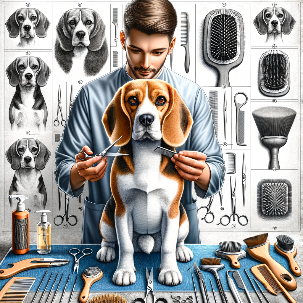 Professional groomer demonstrating Beagle grooming frequency and routine with essential tools, providing a Beagle grooming guide and tips for maintaining Beagle's coat and hair care.