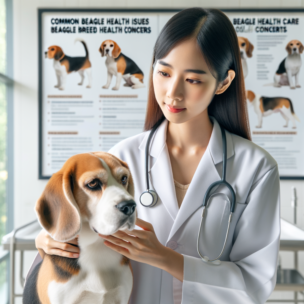 Veterinarian examining a Beagle dog's health, with a Beagle health guide highlighting common Beagle health issues and Beagle health care tips in the background.