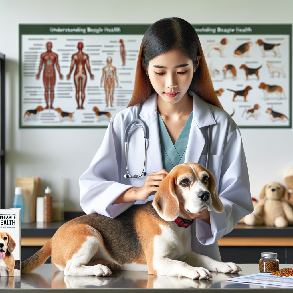 Veterinarian examining a beagle's health, showcasing common beagle health issues, beagle care products, and 'Understanding Beagle Health' guidebook for addressing beagle health problems and concerns.