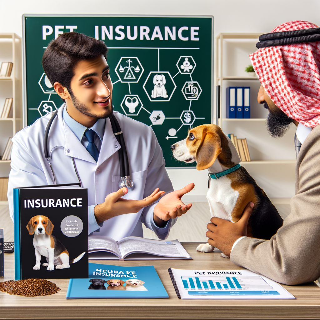 Pet insurance advisor discussing best pet insurance options for beagles, offering affordable and comprehensive beagle insurance tips with a pet insurance guide, Insurance 101 book, and pet insurance comparison chart on table.