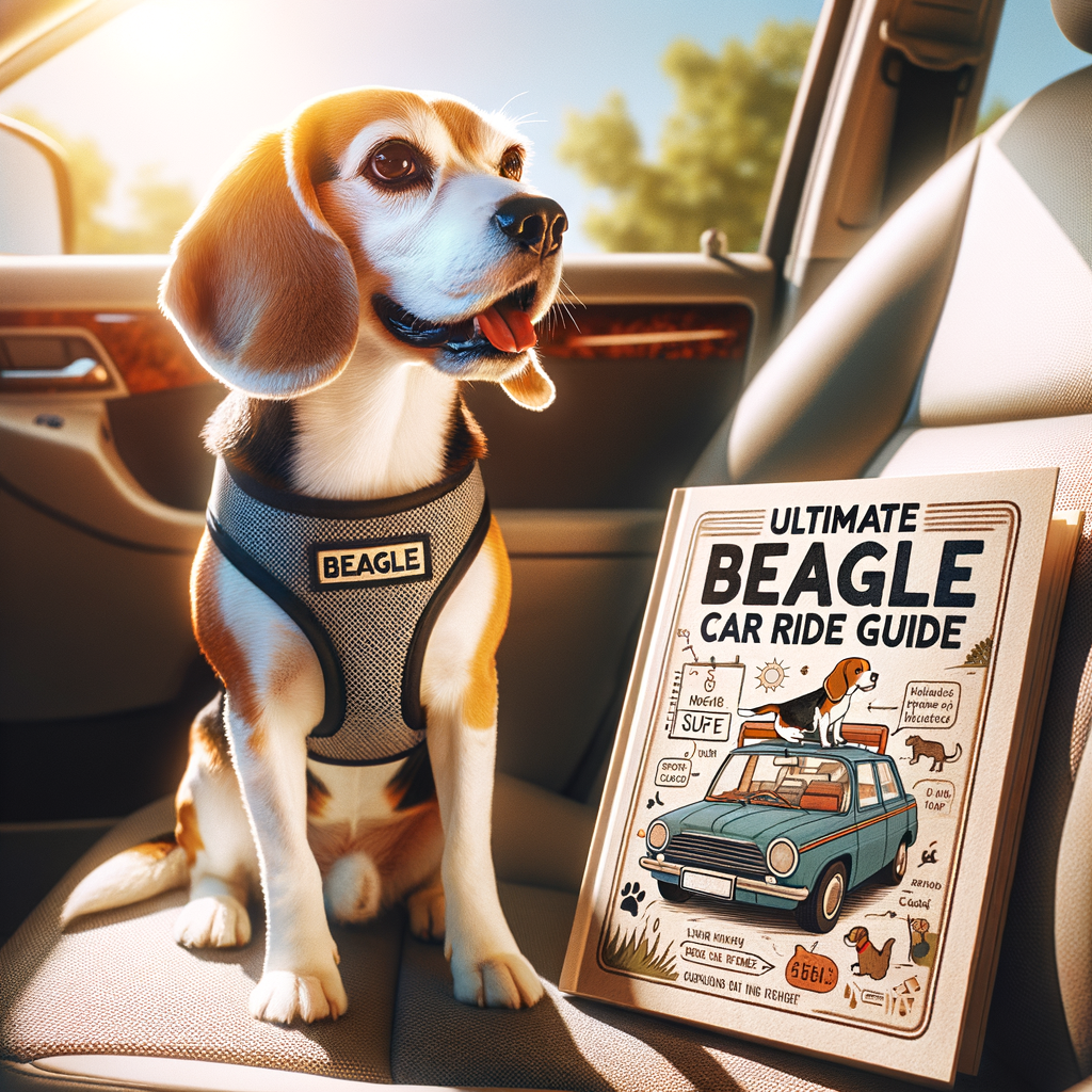 Beagle wearing safety harness in car for travel safety, with 'Ultimate Beagle Car Ride Guide' providing car ride tips for safe Beagle travel.