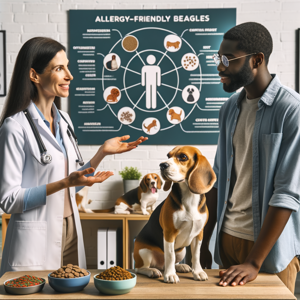 Veterinarian addressing Beagle food allergies and diet sensitivities, offering allergy-friendly diet options for Beagles, with Beagle diet dilemma chart in background and Beagle sniffing food samples.