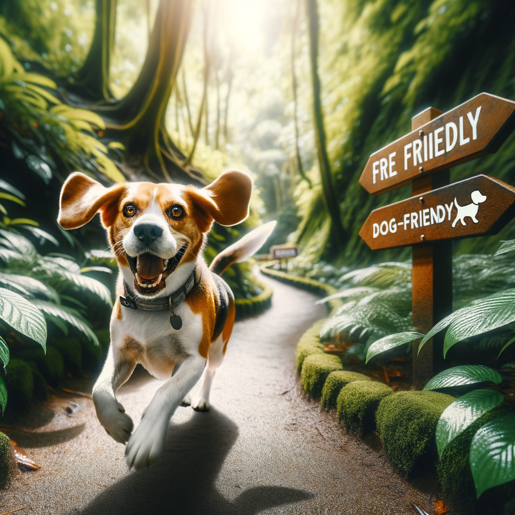 Enthusiastic Beagle leading the way on a lush, dog-friendly hiking trail, embodying the spirit of a canine adventure on Beagle-approved trails.