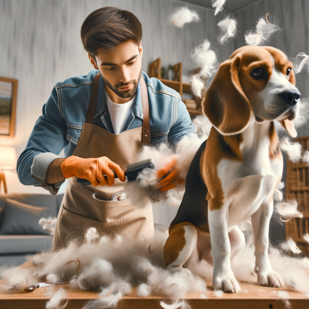 Professional Beagle owner managing Beagle shedding season with effective grooming tips and shedding solutions, navigating the Beagle fluff storm with calm demeanor during pet shedding.