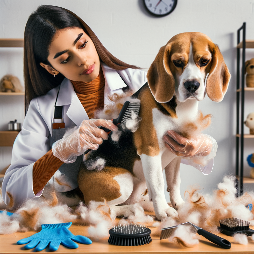 Professional Beagle owner managing Beagle shedding season with grooming tools, demonstrating Beagle fur care and shedding solutions for surviving dog shedding, with visible Beagle fluff piles around.