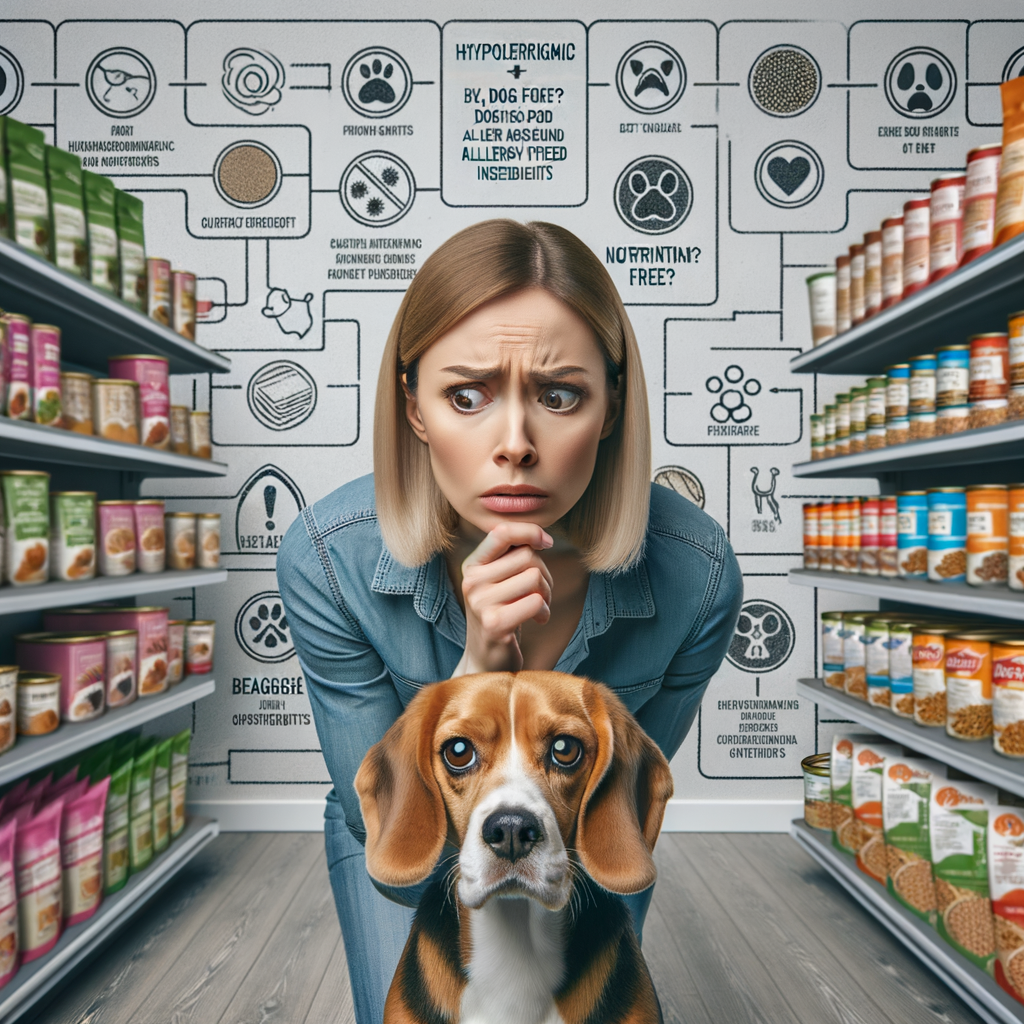 Beagle owner addressing pet allergies by examining hypoallergenic dog food options for Beagle food intolerance, with Beagle looking curiously at allergy-friendly dog food, and background information on Beagle diet, Beagle nutrition, and dog food allergy symptoms.