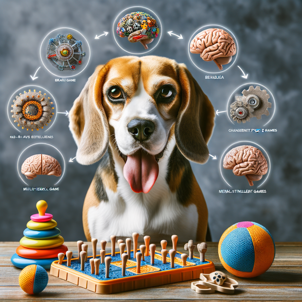 Beagle enthusiastically participating in mind-stimulating exercises, including Beagle puzzle games and intelligence games, showcasing the benefits of brain training and mental stimulation for Beagles with a variety of Beagle mental stimulation toys.