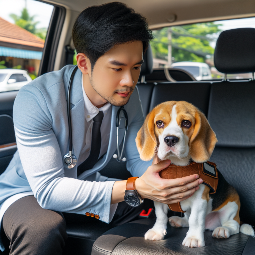 Professional dog trainer using Beagle travel training techniques to boost car ride confidence, showcasing the process of Beagle desensitization, overcoming Beagle car ride fear and improving the Beagle's car ride experience.