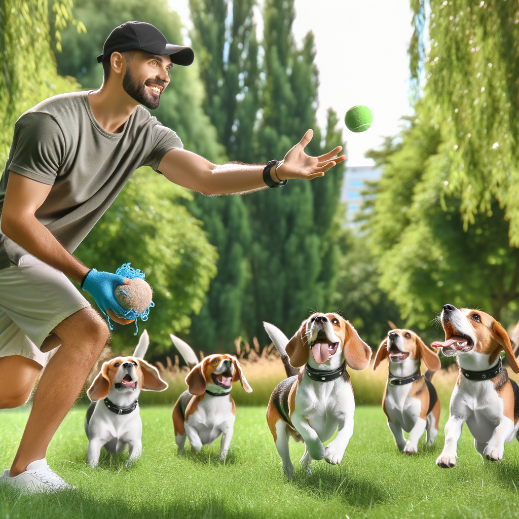 Professional dog trainer using beagle training techniques and tips to enhance retrieval skills during an outdoor fetch training session, illustrating the benefits of fetch techniques for beagles.