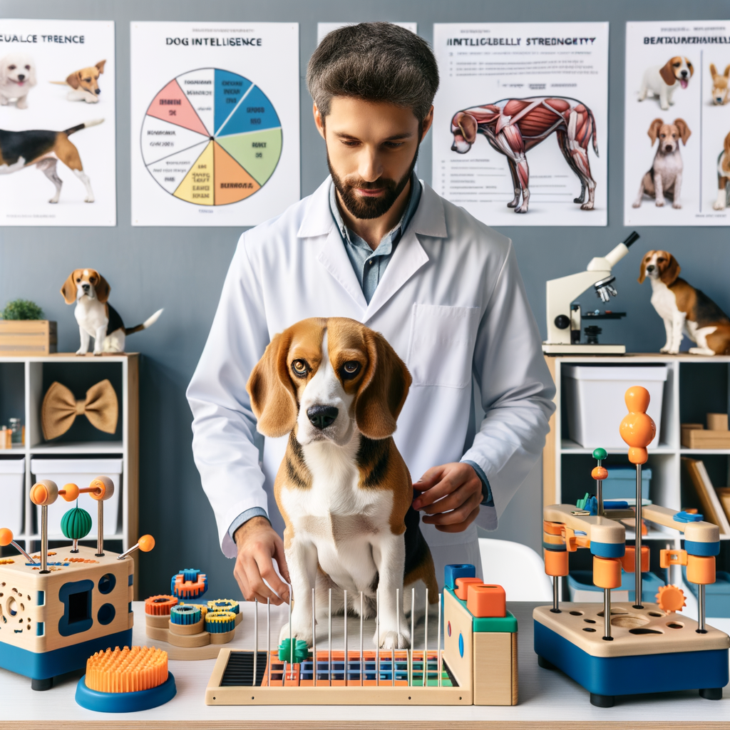 Professional dog trainer conducting intelligence tests on a focused Beagle, using puzzles and toys to enhance Beagle intelligence, with charts comparing Beagle brain capacity to other intelligent dog breeds in the background.