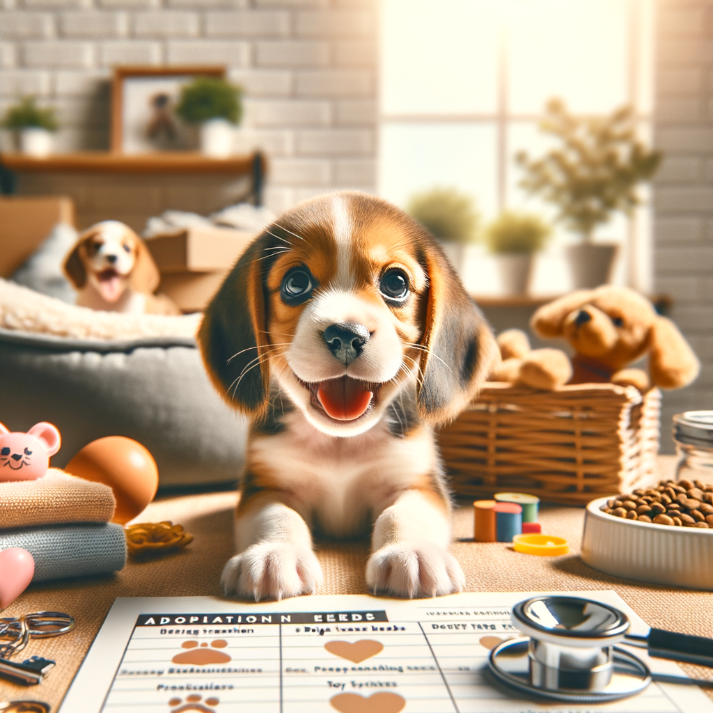 Happy new Beagle puppy being introduced to its home, showcasing Beagle adoption process, Beagle training tips, and Beagle puppy care essentials for preparing home, understanding Beagle behavior and socializing new Beagle.