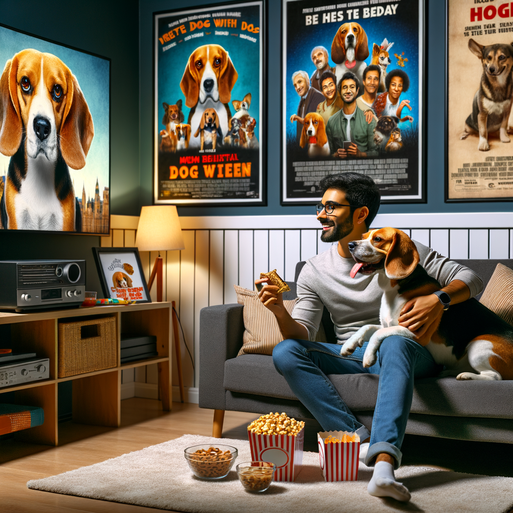 Beagle owner and pet enjoying a canine cinema movie night, surrounded by dog-friendly movie posters and snacks, illustrating movie ideas for pet owners and beagle entertainment ideas.