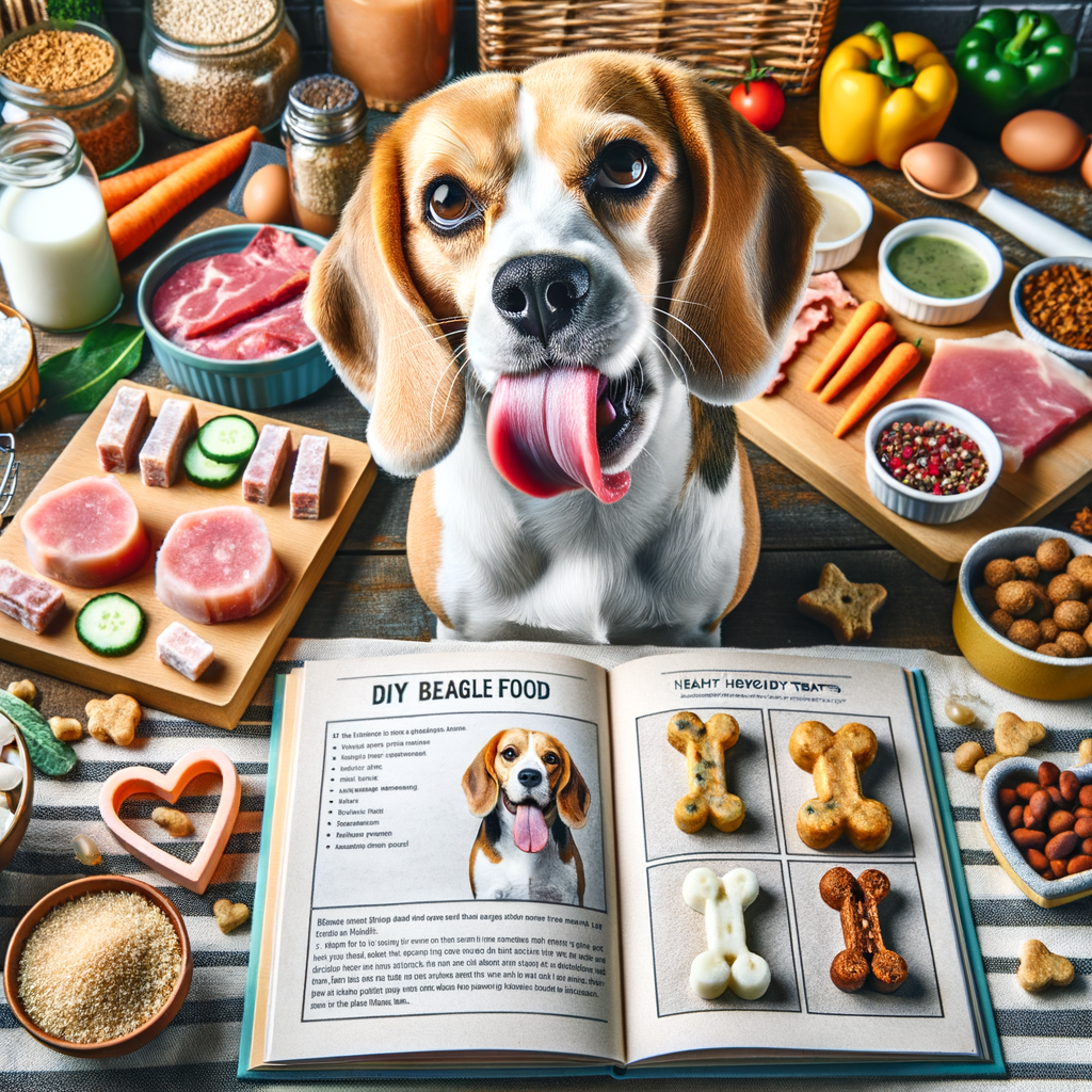 Beagle enjoying homemade frozen dog treat, surrounded by DIY dog treats and ingredients for a healthy Beagle diet, with a 'DIY Beagle Food' recipe book in the background for nutritious homemade Beagle treats.