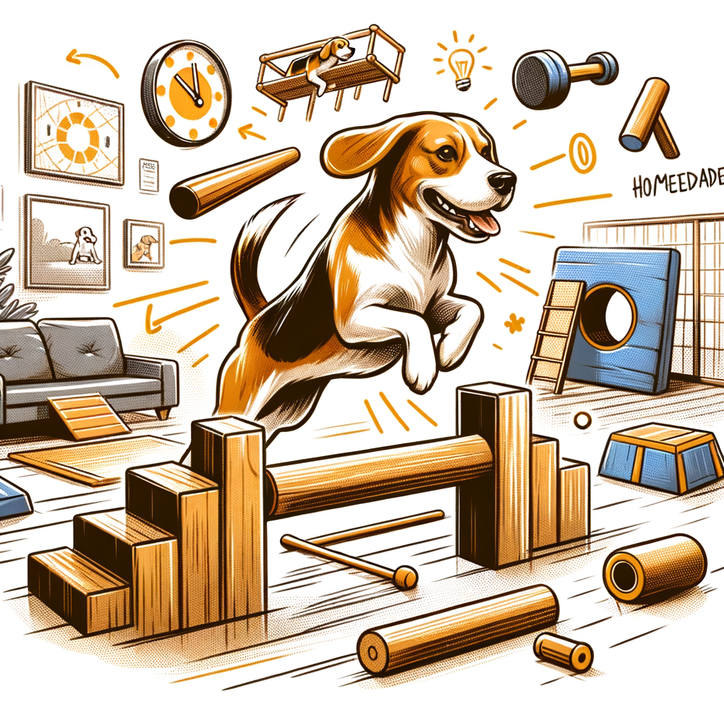 Beagle enthusiastically training on a DIY indoor obstacle course, showcasing indoor dog activities and Beagle exercise ideas for effective home-based dog agility training.