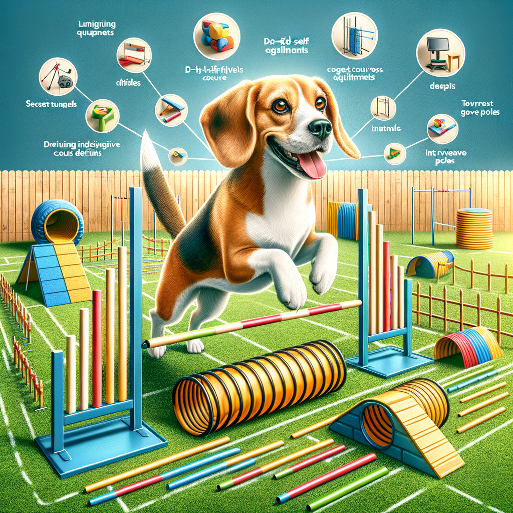Beagle enthusiastically performing agility training on a DIY dog agility course at home, showcasing Beagle training tips and agility equipment for an effective Beagle exercise routine.