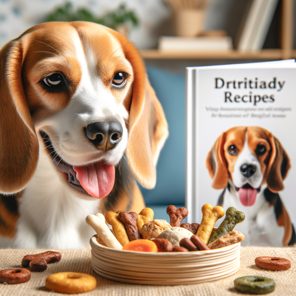 Beagle happily enjoying homemade dog treats, showcasing balanced Beagle diet and nutrition, with a recipe book on Beagle food recipes and diet tips in the background