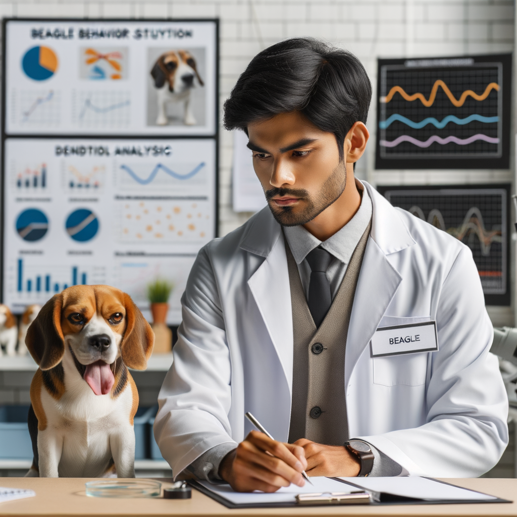 Professional researcher conducting Beagle behavior study, analyzing Beagle temperament, traits, and behavior patterns for understanding and training, with Beagle behavior analysis charts in the background.